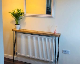 Narrow console table with hairpin legs, wooden rustic hallway table.