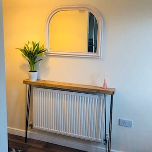 Narrow console table with hairpin legs, wooden rustic hallway table.