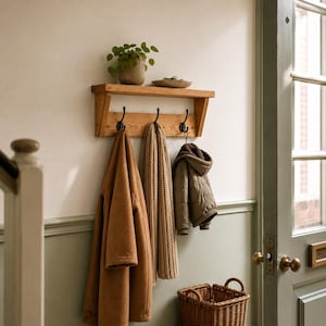 Slim Wall Mounted Coat Rack & Shelf, Solid Oak, Narrow Hallway, 2–12 Hooks, Handmade"