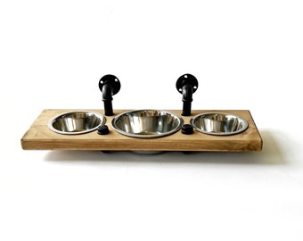 Wall Mounted Dog Feeder | Triple Elevated Dog Bowl Stand | Floating Pet Feeding Station | Raised Dog Bowls | Industrial Wood Pet Feeder