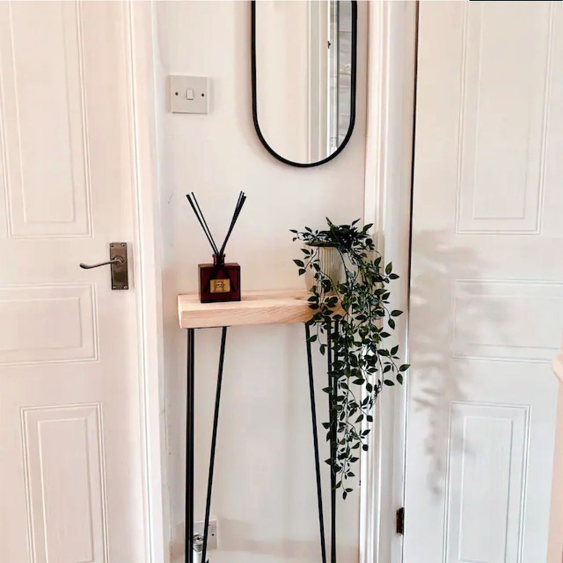 Narrow console table with hairpin legs, wooden rustic hallway table. Scandinavian style 