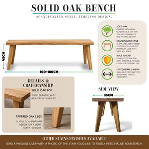 May include: A solid oak bench with a natural wood grain finish, featuring four tapered legs. The bench measures 45 cm in height, 35 cm in depth, and has a customisable width ranging from 100 cm to 180 cm. Text includes SOLID OAK BENCH and details.