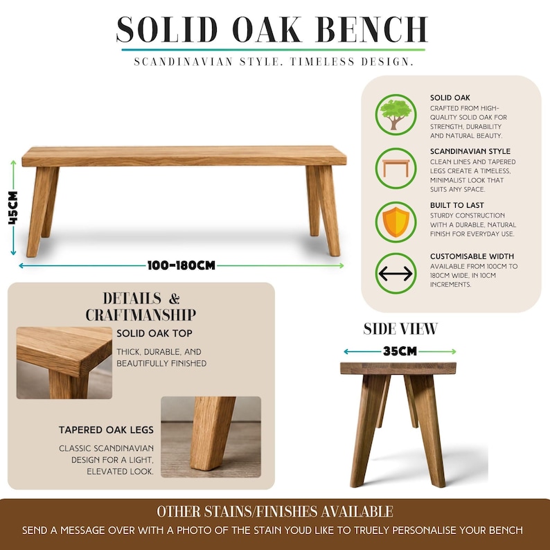 Peut inclure: Un banc en ch&ecirc;ne massif avec une finition en grain de bois naturel, dot&eacute; de quatre pieds effil&eacute;s. Le banc mesure 45 cm de hauteur, 35 cm de profondeur et une largeur personnalisable de 100 cm &agrave; 180 cm. Le texte inclut SOLID OAK BENCH et d&eacute;tails.