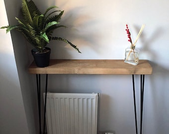 Narrow console table with hairpin legs, wooden rustic hallway table.