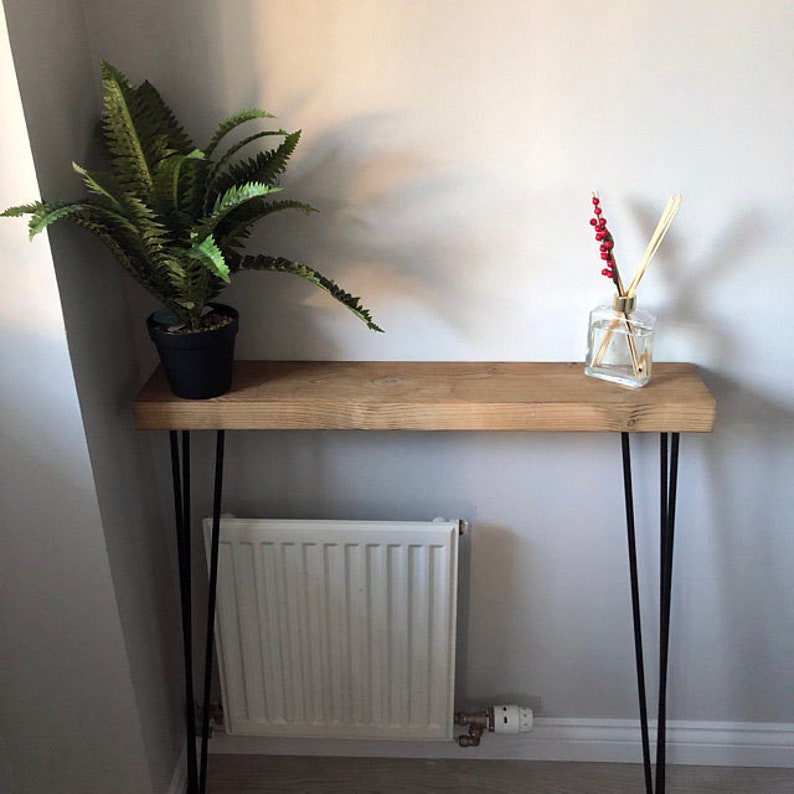 Narrow console table with hairpin legs, wooden rustic hallway table. 