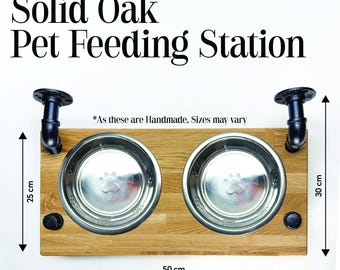 Personalised Solid Oak Pet Feeding Station | Wall-Mounted Dog Bowl Holder (Engraved Name)