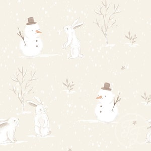 May include: A whimsical winter-themed pattern featuring snowmen with top hats, white rabbits, bare trees, and falling snow. The illustrations are in soft, muted tones of white, beige, and brown, creating a gentle, inviting aesthetic.
