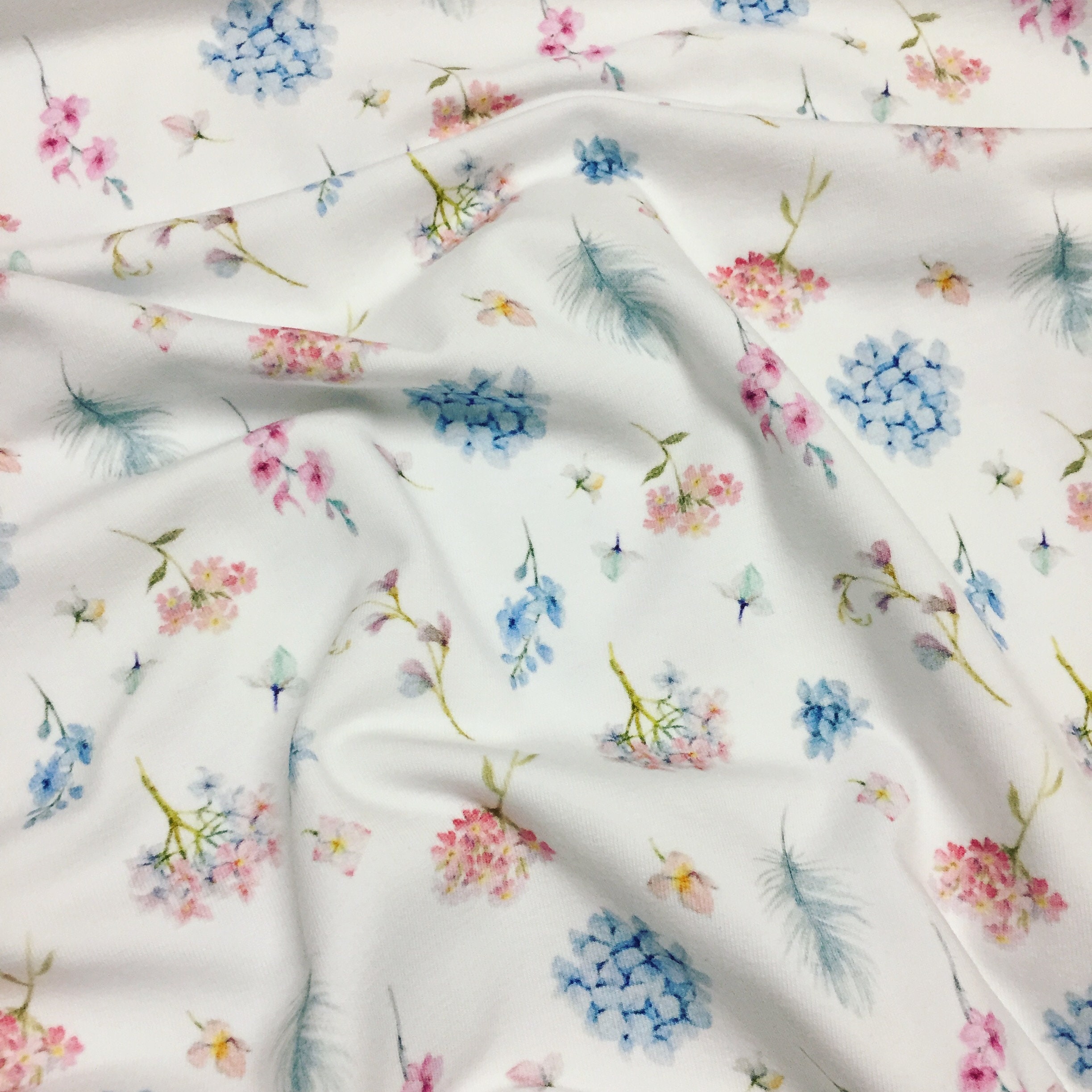 Fabric cotton jersey with flowers flowers flower meadow design white pink green yellow colorful dress fabric