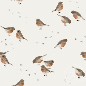 May include: A repeating pattern of watercolor-style birds with orange breasts and gray wings. The birds are scattered across a cream-colored background, with small gray bird tracks. The design is suitable for fabric, wallpaper, or other decorative applications.