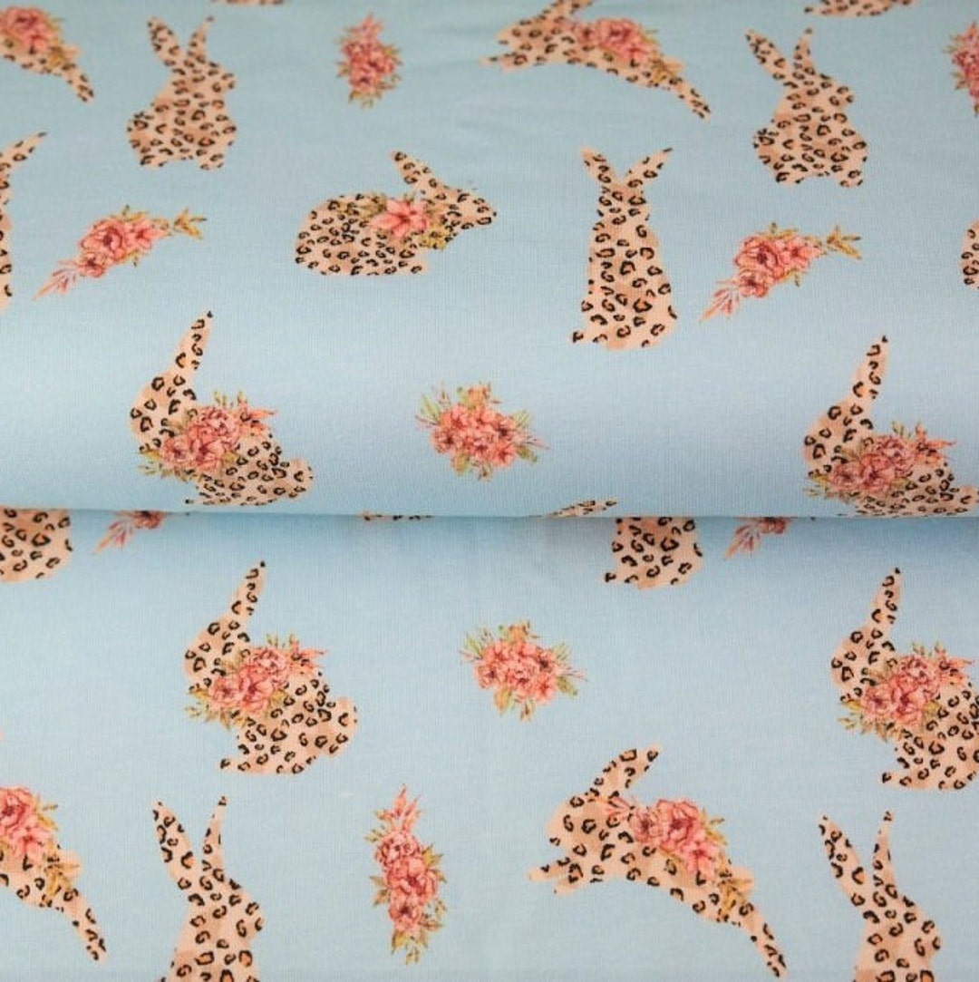 Leopard Bunnies Blue and Pink Cotton Jersey Forget-me-not Fabric 4