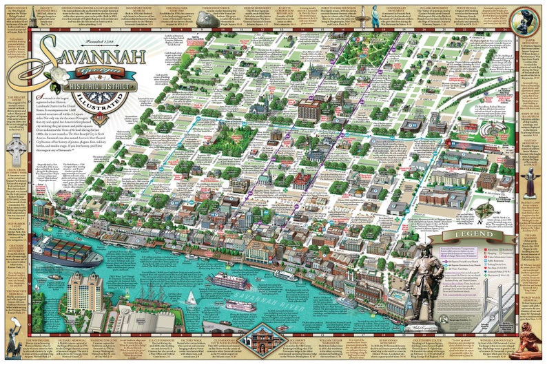 Savannah Historic District Illustrated Map folded - Etsy