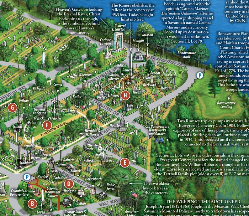 Bonaventure Cemetery Illustrated Map folded Etsy