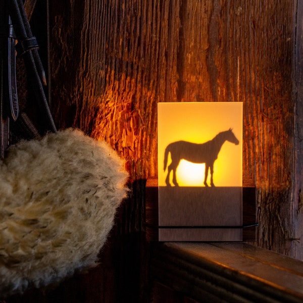Teelicht Kerze mit Schattenspiel Pferdemotiv Geschenk Reiter Pferdeliebhaber