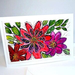 Fleurs de grande taille peintes à la main, carte pliante + enveloppe Jardin de fleurs fantastiques semi-abstrait avec branches dorées, carte pliante 11,5 x 17 cm + enveloppe aquarelle