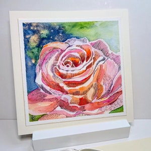 Rozenbloemen, aquarelkaart, kunstkaart met goudeffecten, zonder tekst, 15 x 15 cm op ivoorkarton + envelop. Handbeschilderd, uniek