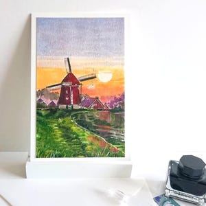 Handgemalte Faltkarte Windmühle Nordholland, Landschaft im Hochformat 11,5x17 cm ohne Text mit Umschlag,original Aquarell, kein Digitaldruck