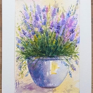 Aquarelle originale de lavande en pot, fleurs vivaces, floraison estivale, nard, plante médicinale, format portrait 15,5 x 23 cm, original peint à la main - pas une impression !