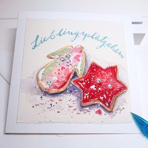 Lieblingsplätzchen handgemalte Weihnachtskarte Weihnachtsplätzchen Engel Stern Faltkarte 13x13cm + Umschlag original Aquarell, handgelettert