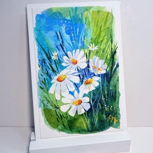 Marguerites en carte pliante blanche B6 + enveloppe, aquarelle originale, fleurs marguerites de montagne fleurs de prairie peintes à la main unique - pas une impression numérique