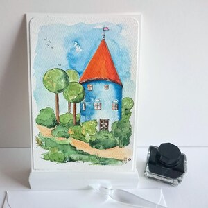 Handgemalte Karte, Haus in Anlehnung an die Muminhäuser, Finnland, 11,5x17 cm + Umschlag, original Aquarell Unikat - kein Digitaldruck !