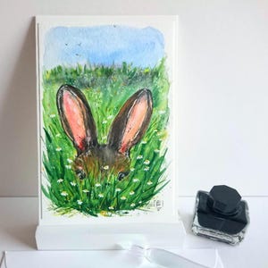 Tarjeta de Pascua pintada a mano, conejito en la hierba, sin texto interior, formato retrato 11,5 x 17 cm con sobre, acuarela original, ¡no es una impresión digital!