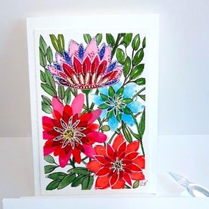 Carte pliante de jardin de fleurs fantastiques peinte à la main, semi-abstraite, 11,5 x 17 cm + enveloppe en blanc poudré, aquarelle originale avec effets pailletés