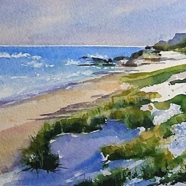 Wasser Meer Strand Dünen Himmel, original Aquarell , Ostsee, Nordsee, maritim, 16x26 cm Querformat, handgemaltes Unikat - kein Druck !