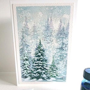 Handgeschilderde vouwkaart besneeuwd dennenbos, wintersparren originele aquarel + envelop, 11,5 x 17 cm, uniek - geen digitale print!