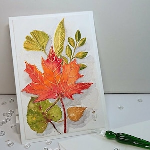 Handgeschilderde vouwkaart Bladeren Herfst Winter, originele aquarel, zonder tekst, met envelop 11,5 x 17 cm, Din B 6, holografisch goud glittereffect