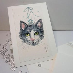 Carte de Noël chat Tomcat Kitty Glitter Ball peinte à la main, aquarelle originale, 11,5 x 17 cm avec enveloppe assortie - unique - pas une impression !