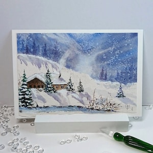 Winter Neujahr Schnee Berghütte original Aquarell Faltkarte mit Umschlag 11,5x17 cm ( DIN B6 ) handgemaltes Unikat - kein Druck