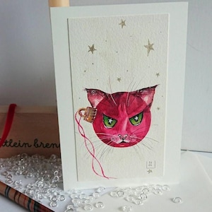 Handgemalte Katze Kater Mieze Weihnachtskugel Faltkarte, original Aquarell, 11,5x17 cm mit passendem Umschlag - Unikat - kein Druck !