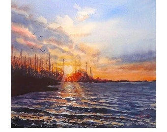 Original Aquarell maritime Landschaft Sonnenuntergang am Bootshafen Format ca. 31,5x30 cm handgemaltes Unikat auf 300 g Bütten -kein Druck !