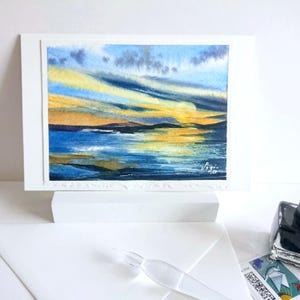 Handgemalte Faltkarte Sonnenuntergang überm Meer, original Aquarell,  Querformat 11,5x17 cm + Umschlag ohne Text,Unikat - kein Digitaldruck
