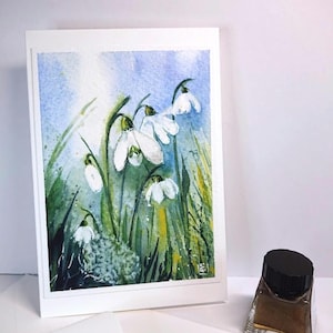 Handgemalte Schneeglöckchen Faltkarte, ohne Text mit Umschlag, 11,5x17 cm, original Aquarell - kein Digitaldruck !