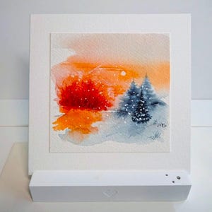 Handgeschilderde mini aquarel wintersparren, sneeuwbomenstruiken, vouwkaart met envelop 13 x 13 cm zonder tekst, uniek, geen digitale afdruk