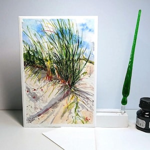 Paysage maritime nuages soleil ombre herbe dunes, aquarelle originale, carte pliante 12,5 x 17 cm (Din B 6) avec enveloppe, pièce unique peinte à la main