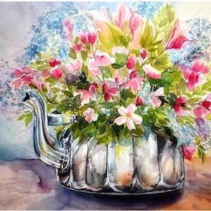 Acquerello floreale dipinto a mano + guazzo fiori di melo + nontiscordardime in un vecchio bouquet di bollitore d'argento vintage formato orizzontale 26 x 36 cm, unico
