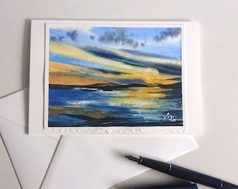 Original Aquarell Faltkarten maritime Landschaft Sonnenuntergang Querformat 11,5x17 cm mit Umschlag ohne Text handgemaltes Unikat-kein Druck