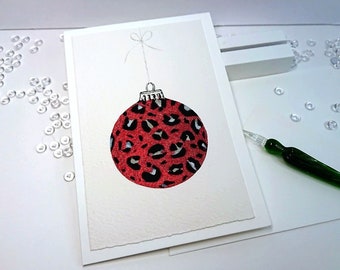 Christmas ball Leo red glitter Christmas card original watercolor folding card + envelope 11.5 x 17 cm (Din B6) hand-painted unique, not a print