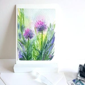 Carte pliante aquarelle botanique peinte à la main, Allium, fleur, boule étoilée, oignon ornemental, avec enveloppe blanche poudrée, 11,5x17/Din B 6, sans texte