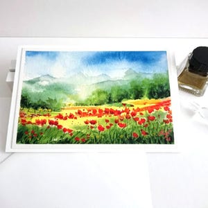 Carte pliante peinte à la main prairie d'été, champ de coquelicots, aquarelle originale, avec enveloppe, format 11,5 x 17 cm / Din B6 - unique - pas une impression numérique !