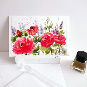 Carte peinte à la main, roses, lavande et tournesols, carte pliante aquarelle originale avec enveloppe, fleurs d'été 11,5 x 17 cm, unique - pas une impression !