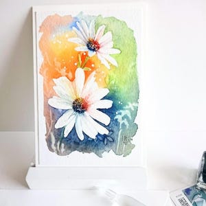 Carte pliante aquarelle marguerites blanches peintes à la main avec enveloppe, 11,5 x 17 cm, sans texte, carte de vœux, fleurs uniques