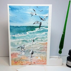 Landschaft maritim Möwen, Wasser Brandung Wellen original Aquarell+Gouache Faltkarte 12,5x17 cm( Din B 6 )+ Umschlag, handgemaltes Unikat.