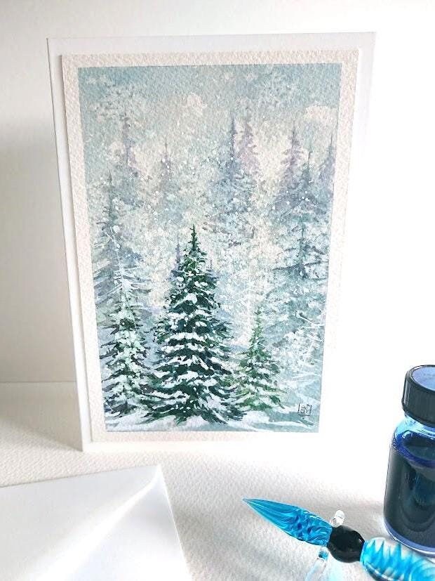 Hand-painted folding card snowy fir forest, winter fir trees original watercolor + envelope, 11.5 x 17 cm, unique - not a digital print!
