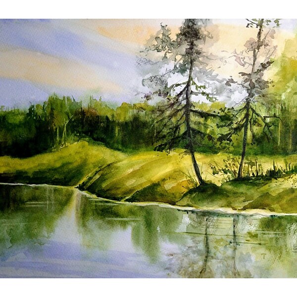 Landschaft Bäume See Wald Wasser Spiegelung, original Aquarell, ca. 31x41 cm Querformat, handgemaltes Unikat - kein Druck