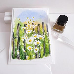 Carte peinte à la main, camomille dans la palissade, carte de vœux aquarelle originale 11,5 x 17 cm jardin de fleurs nature, sans texte, unique, pas une impression numérique