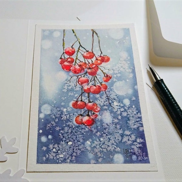 Digitaldruck Klappkarte meines original Aquarells Winter Neujahr Weihnachten rote Beeren Schnee Frost Bokeh, 11,5x17 cm mit Umschlag
