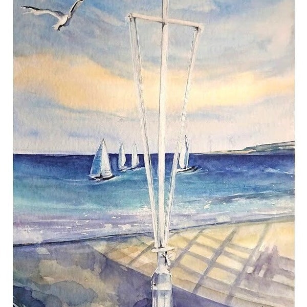 Shore Promenade Mer Baltique, aquarelle maritime, voiliers d'eau de mer, mouettes, sur 450 g Hahnemühle Cornwall, env. 30 x 40 cm, peint à la main, pièce unique